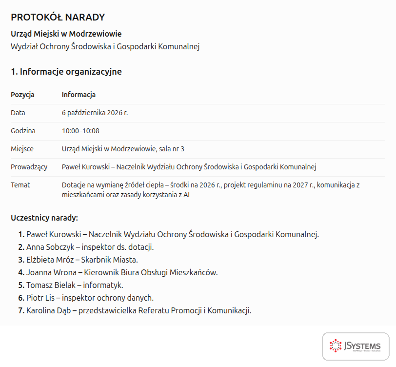 Nagłówek protokołu narady przygotowanego przez ChatGPT z transkrypcji: data, miejsce, temat i lista uczestników