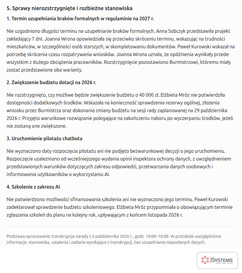 Sprawy nierozstrzygnięte w protokole narady przygotowanym przez ChatGPT, od terminu uzupełniania braków po szkolenie z AI
