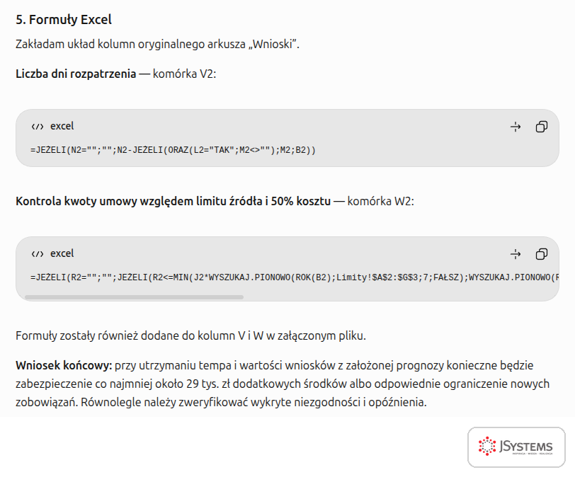 Formuły Excela od ChatGPT do rejestru wniosków: liczba dni rozpatrzenia i kontrola kwoty z umowy względem limitu