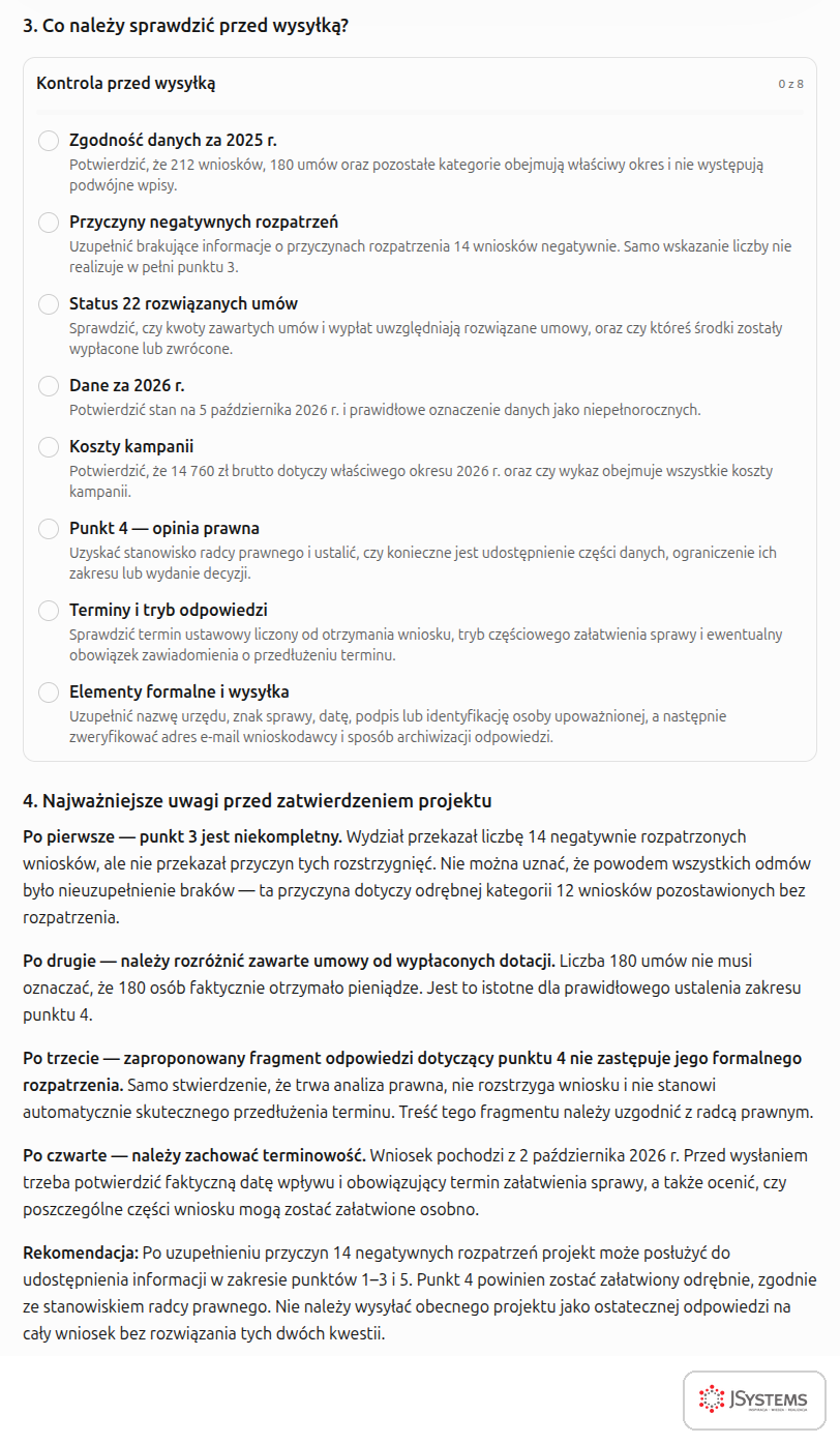 Lista kontrolna przed wysyłką odpowiedzi na wniosek o informację publiczną i uwagi ChatGPT przed zatwierdzeniem projektu