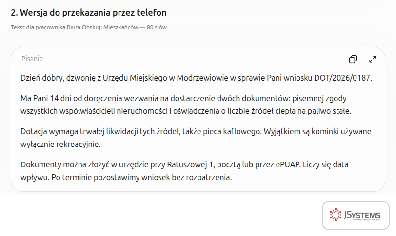 Krótka wersja wezwania do uzupełnienia wniosku przygotowana przez ChatGPT do przekazania mieszkańcowi przez telefon