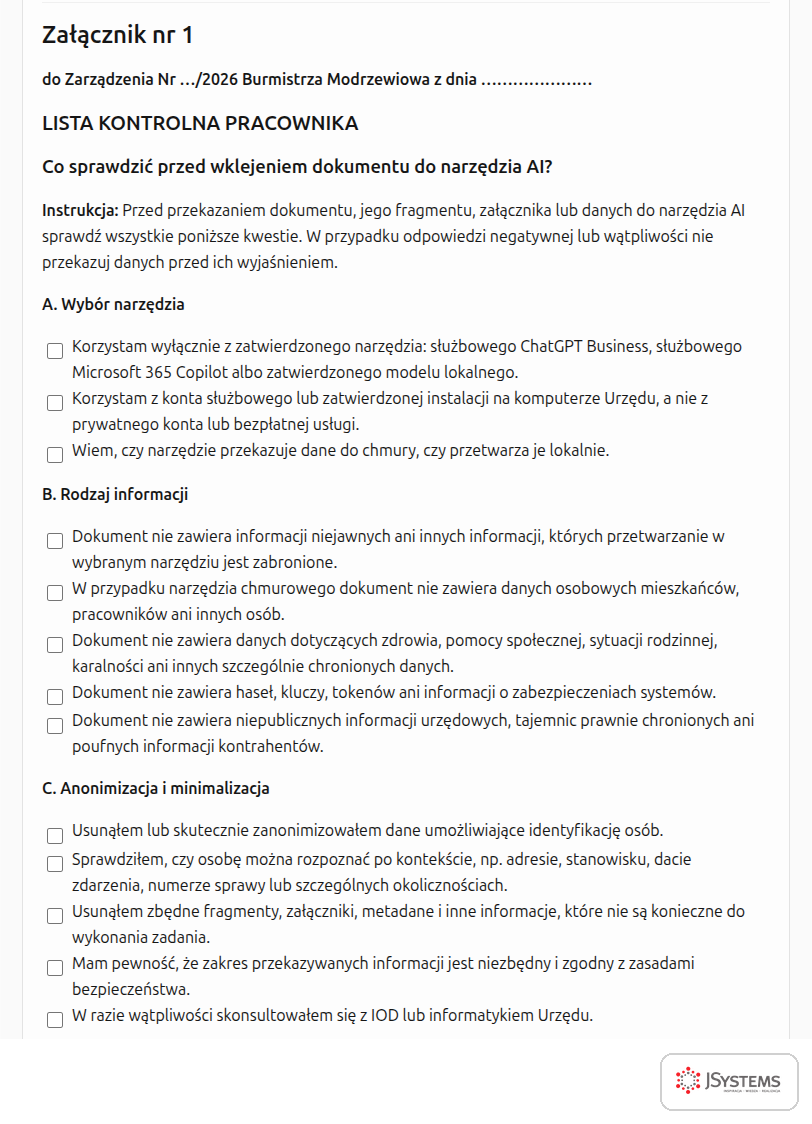 Lista kontrolna pracownika przed wklejeniem dokumentu do AI: wybór narzędzia, rodzaj informacji i anonimizacja
