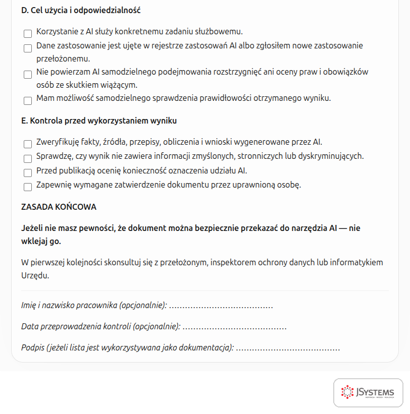 Druga część listy kontrolnej z projektu zarządzenia o AI: cel użycia, kontrola wyniku i zasada końcowa