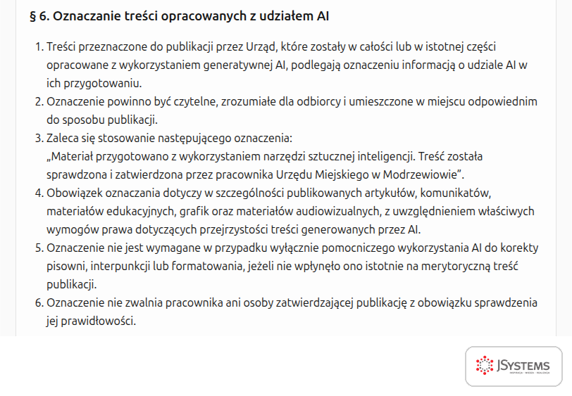 Paragraf projektu zarządzenia o oznaczaniu treści przygotowanych z AI: formuła oznaczenia i wyjątek dla korekty pisowni