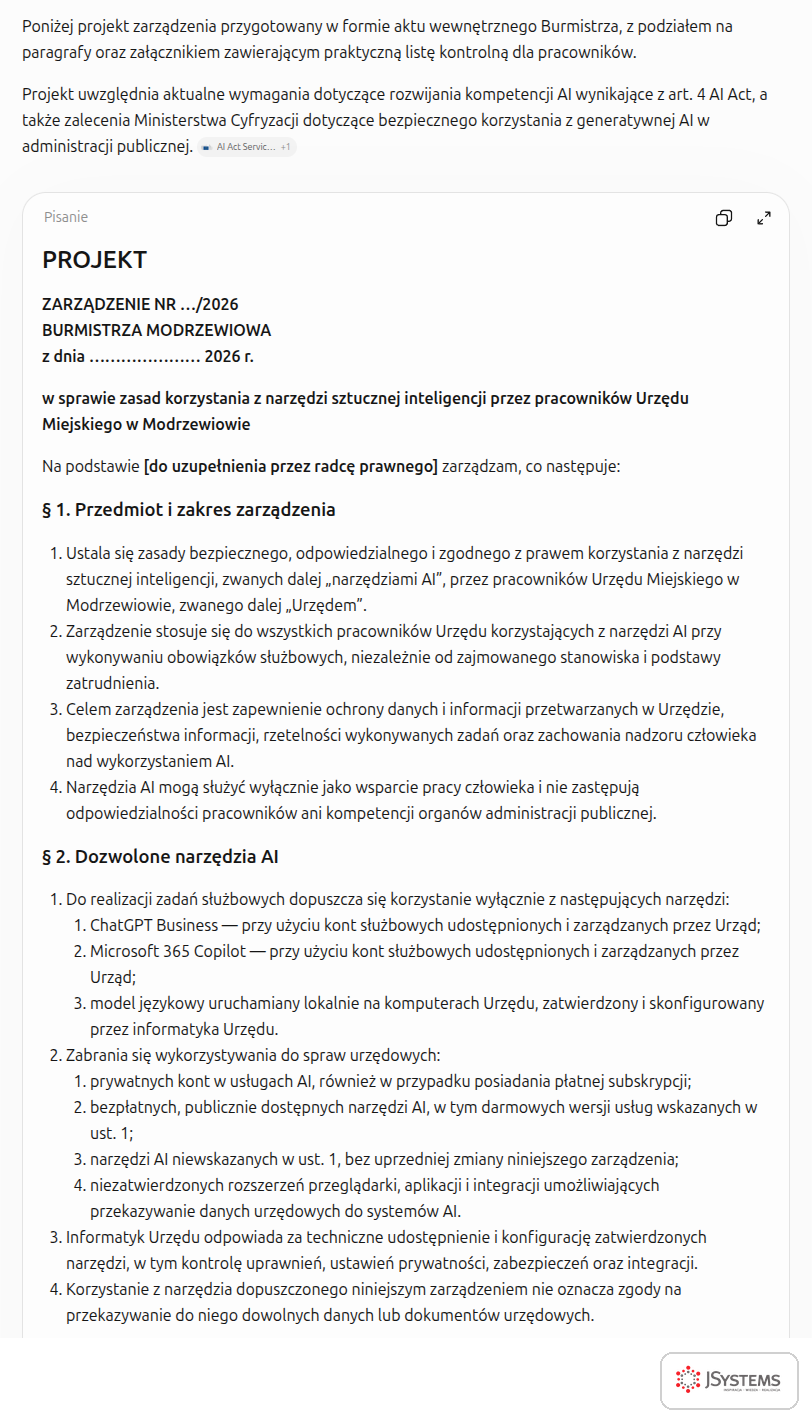 Projekt zarządzenia burmistrza o zasadach korzystania z AI przygotowany przez ChatGPT: nagłówek i dozwolone narzędzia