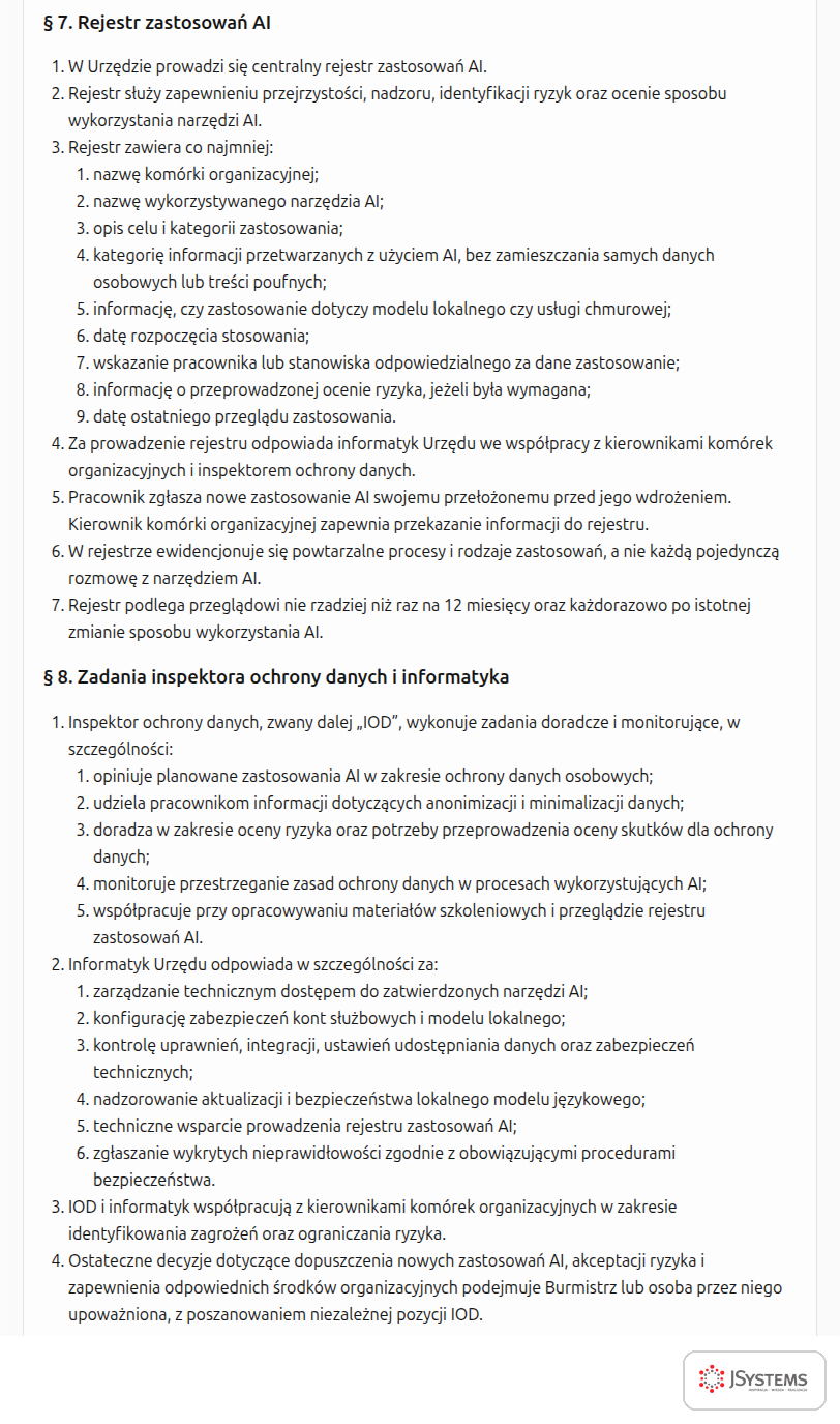 Paragrafy projektu zarządzenia o rejestrze zastosowań AI w urzędzie oraz zadaniach inspektora ochrony danych i informatyka