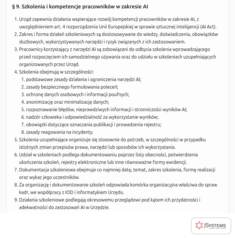Paragraf projektu zarządzenia o szkoleniach z kompetencji w zakresie AI z odwołaniem do art. 4 AI Act