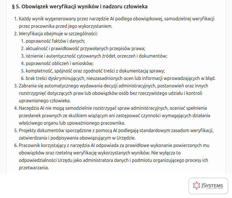 Paragraf projektu zarządzenia o weryfikacji wyników AI przez pracownika i zakazie decyzji bez udziału człowieka