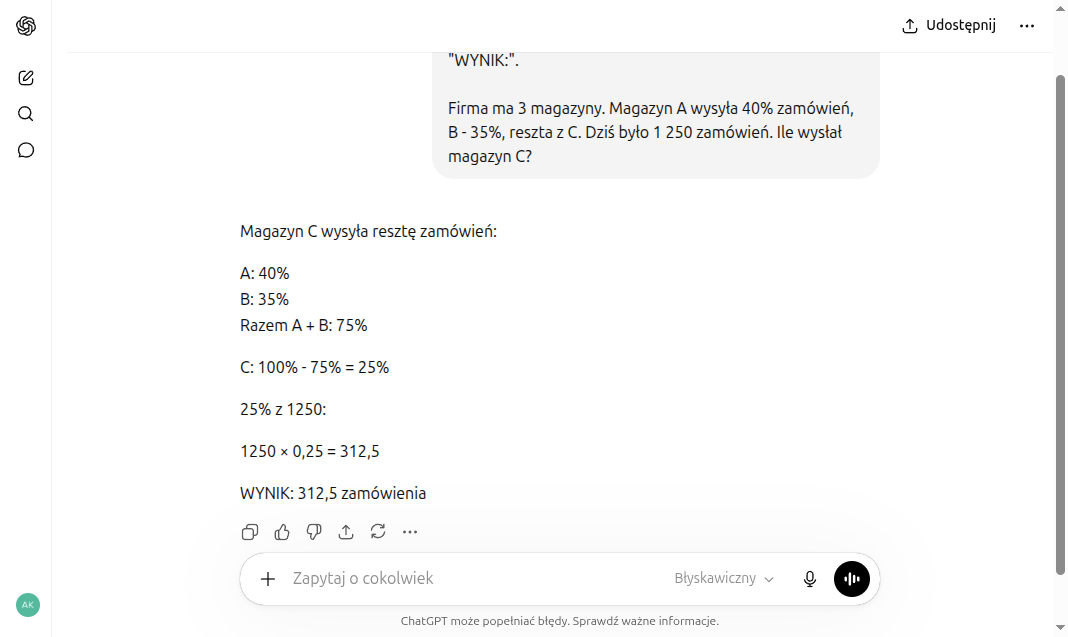 ChatGPT odpowiada krok po kroku: A 40%, B 35%, razem 75%, C = 25% z 1250 = 312,5 zamówienia