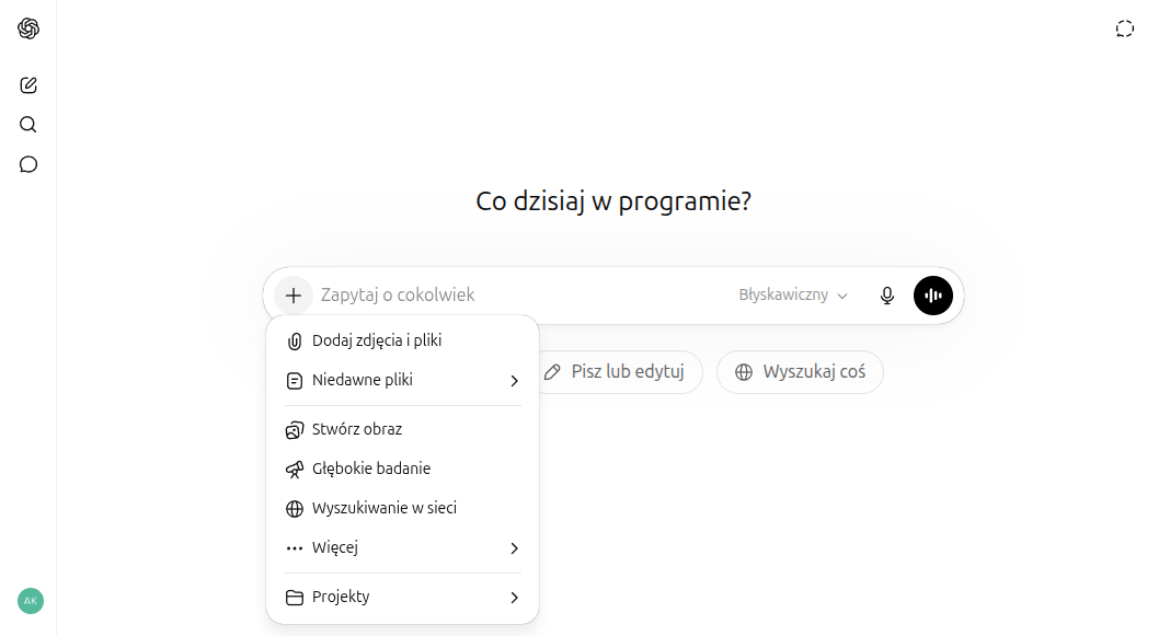 Menu narzędzi ChatGPT — widok po kliknięciu przycisku +