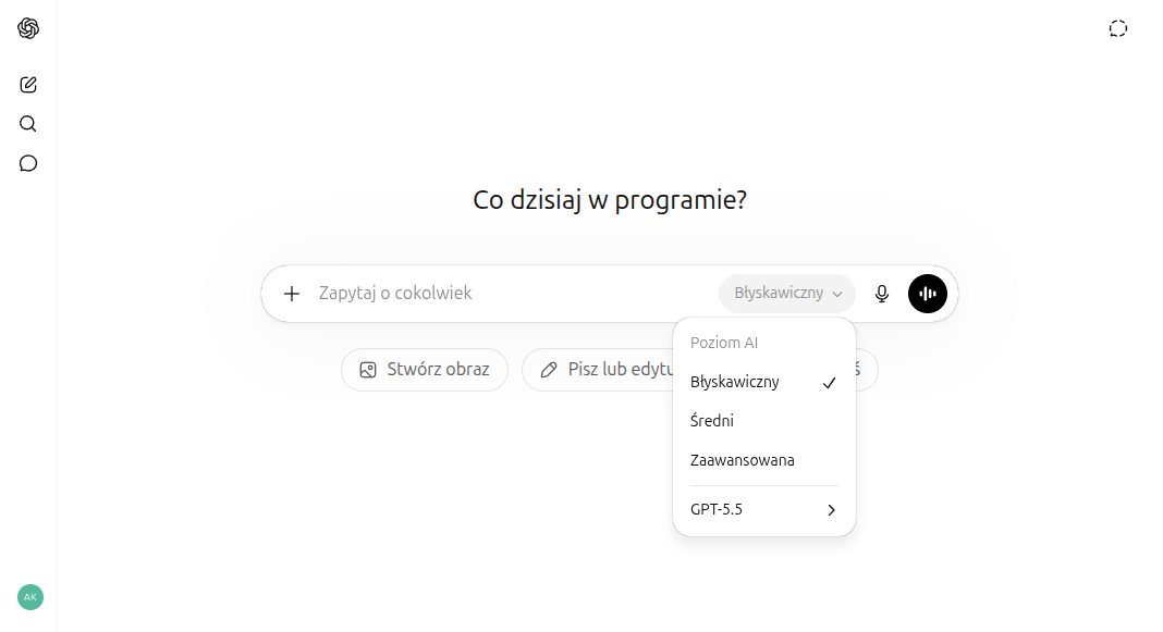 Dropdown poziomów AI w ChatGPT — Błyskawiczny, Średni, Zaawansowana, GPT-5.5