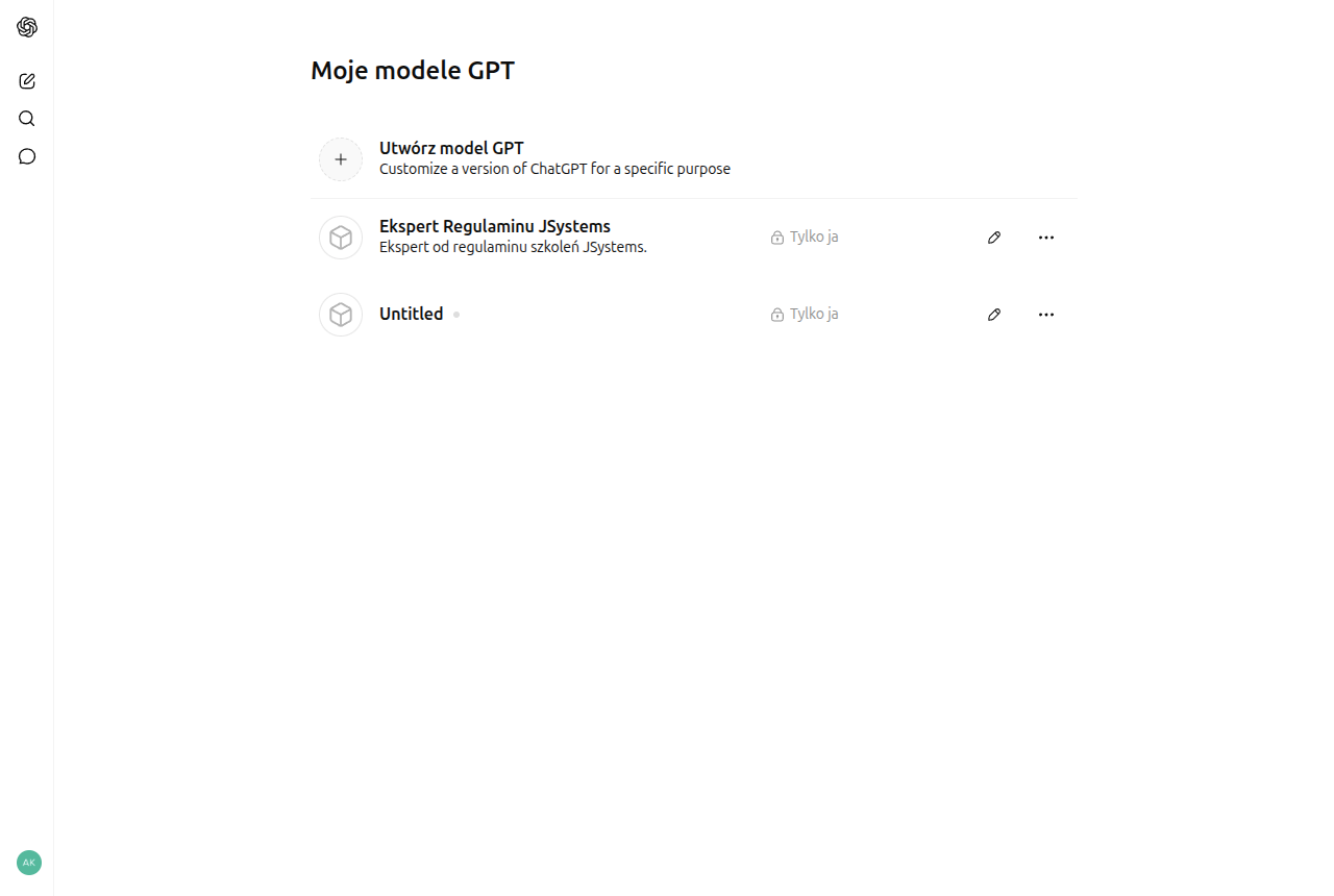 Lista Moje modele GPT z przyciskiem Utwórz model GPT