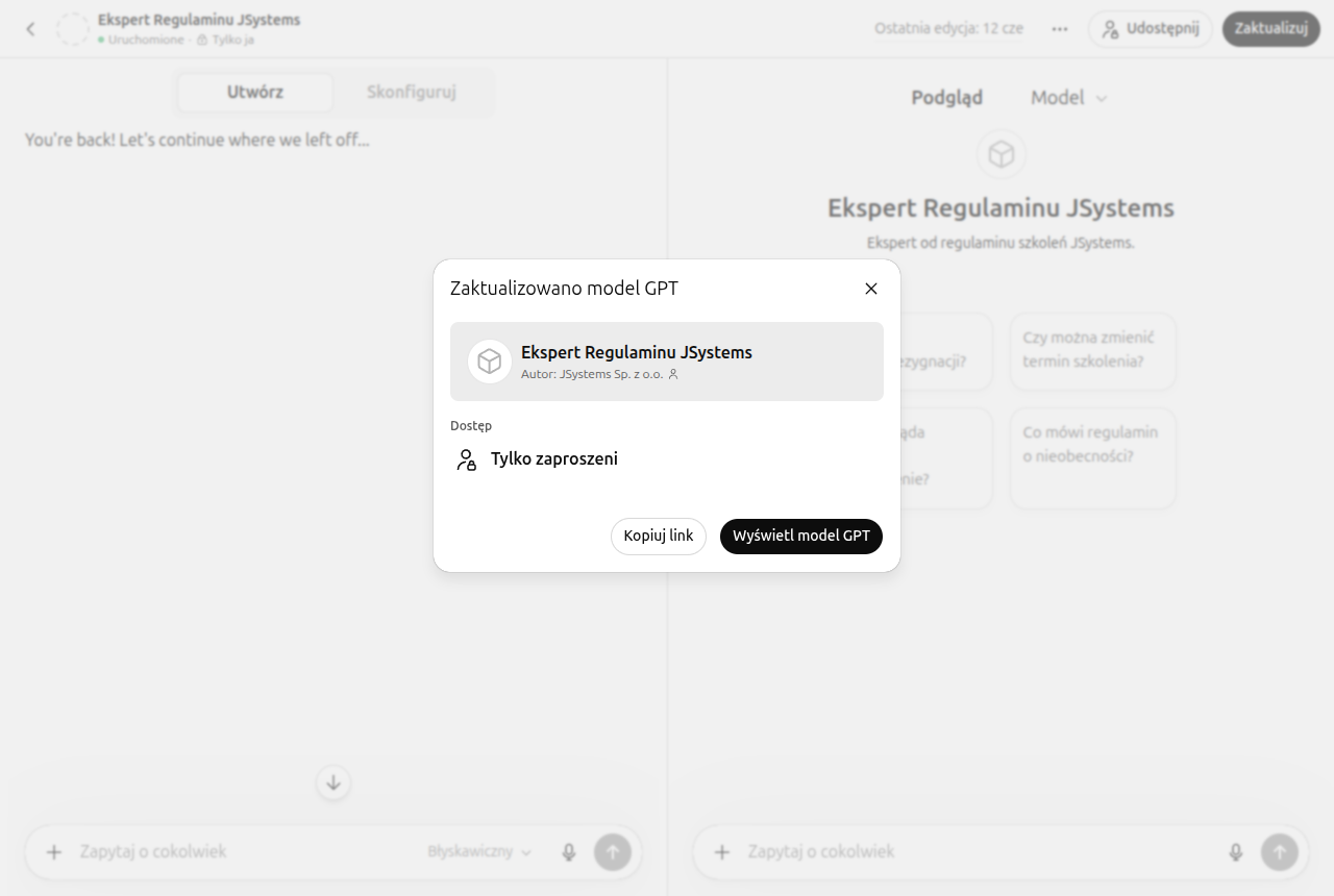 Dialog po zapisaniu GPT — widoczna nazwa, zakres dostępu Tylko zaproszeni, przyciski Kopiuj link i Wyświetl model GPT