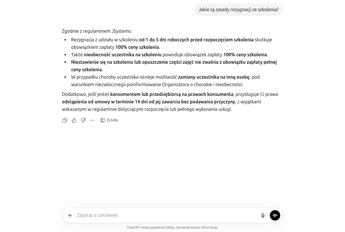 Ekspert Regulaminu JSystems odpowiada na pytanie o zasady rezygnacji ze szkolenia — lista punktów na białym tle ChatGPT