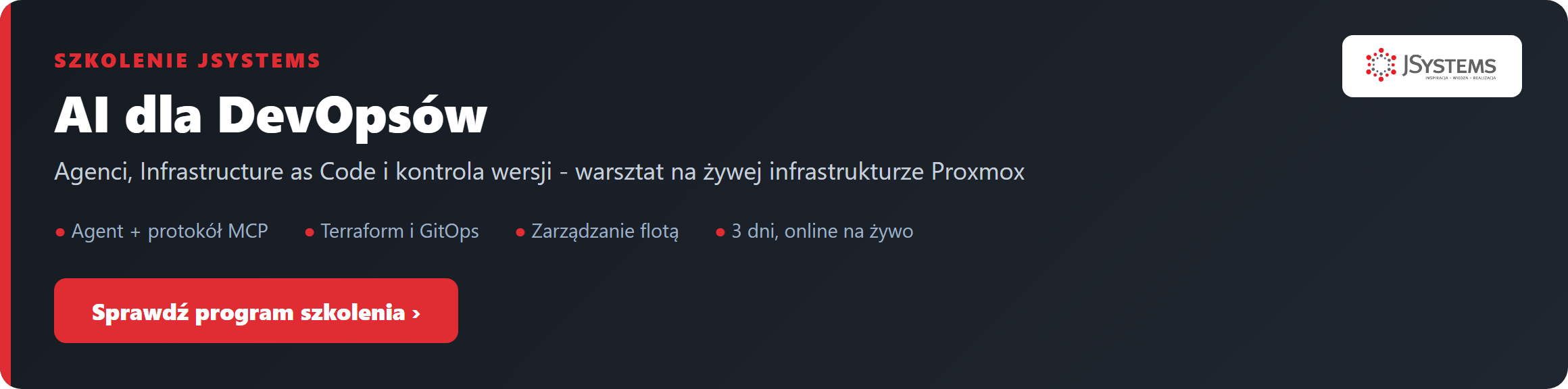 Baner szkolenia AI dla DevOpsów w JSystems: agenci, Infrastructure as Code i kontrola wersji