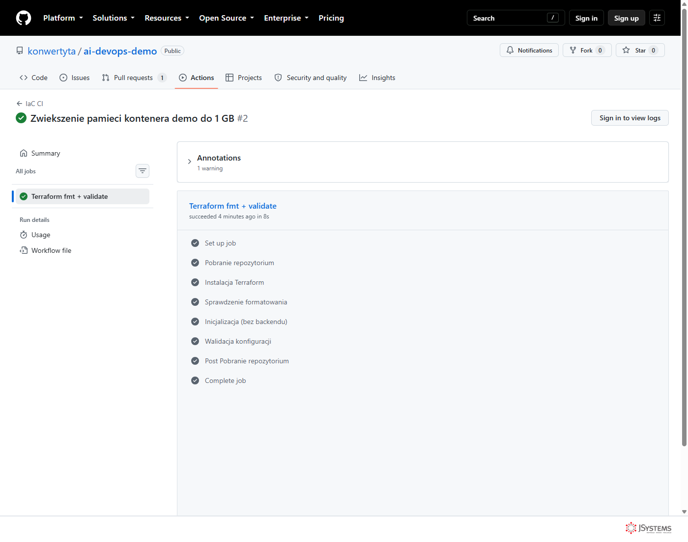Przebieg GitHub Actions z zielonymi krokami potoku Terraform: formatowanie, inicjalizacja i walidacja konfiguracji zakończone sukcesem