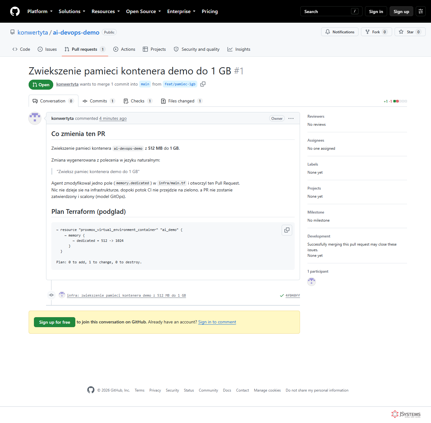 Pull Request na GitHubie ze zmianą pamięci kontenera z 512 MB na 1 GB, z opisem wygenerowanym przez agenta i zielonym znacznikiem CI