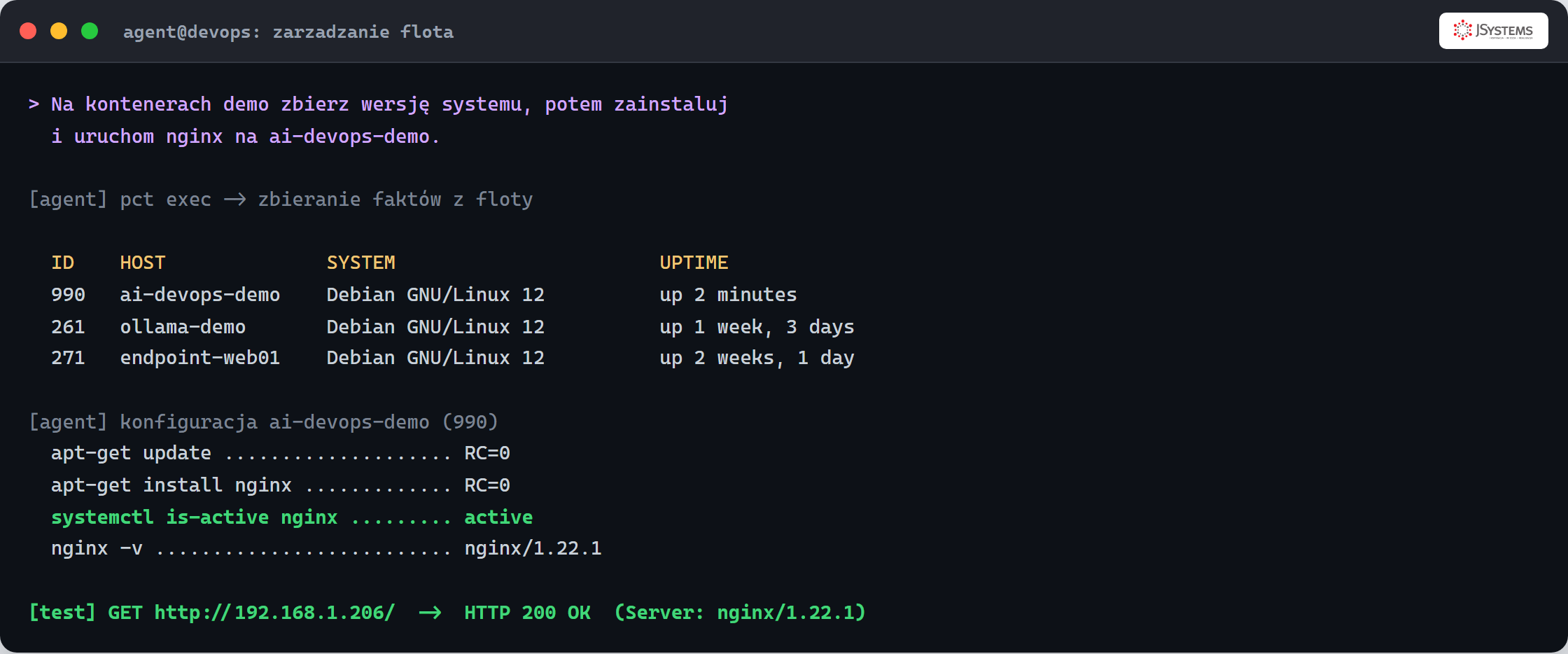 Terminal: agent zbiera fakty z trzech kontenerów Proxmox, instaluje nginx na ai-devops-demo i potwierdza odpowiedź HTTP 200