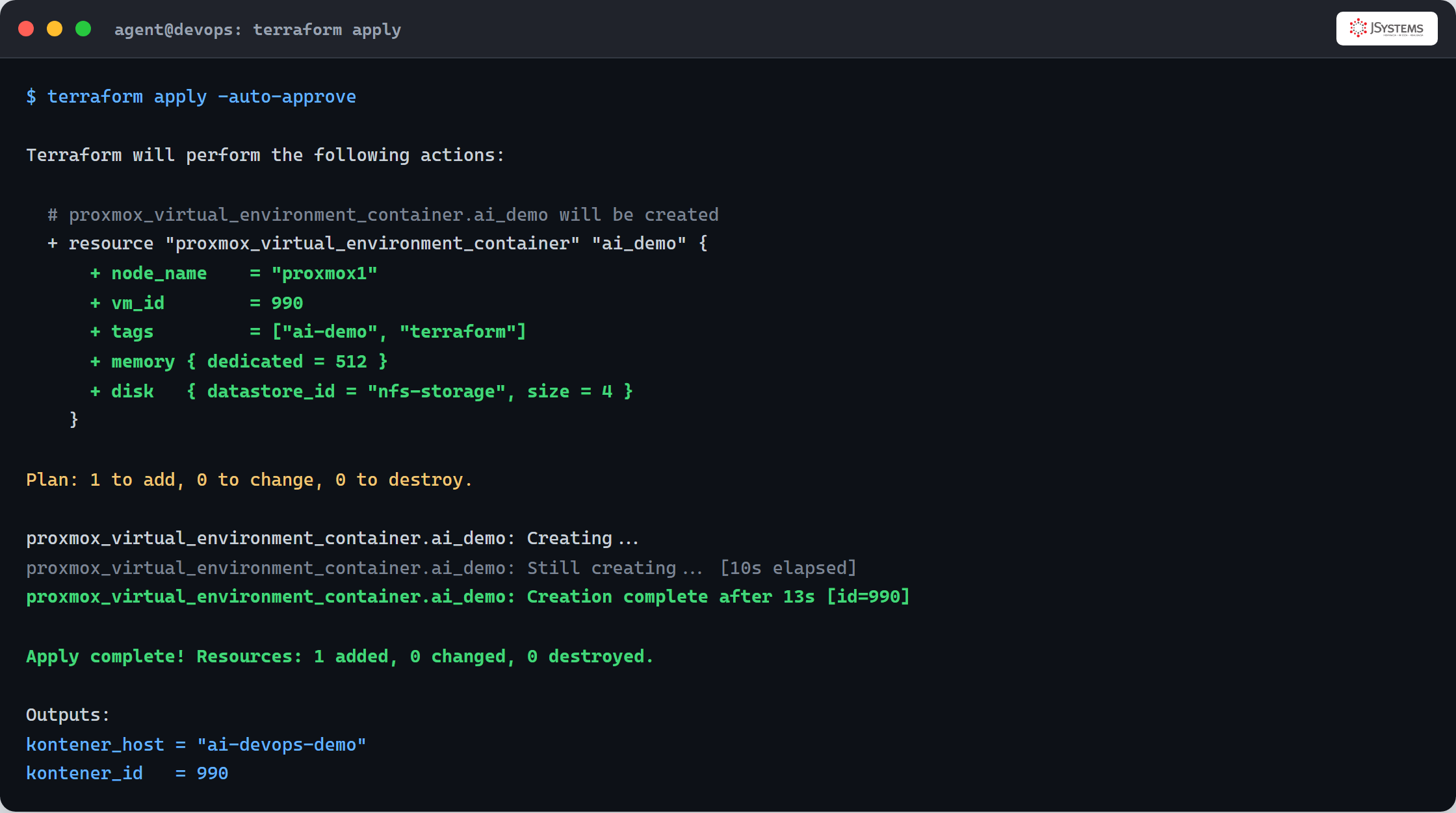 Terminal z wynikiem terraform apply: plan tworzący jeden zasób i komunikat Creation complete po 13 sekundach oraz Apply complete