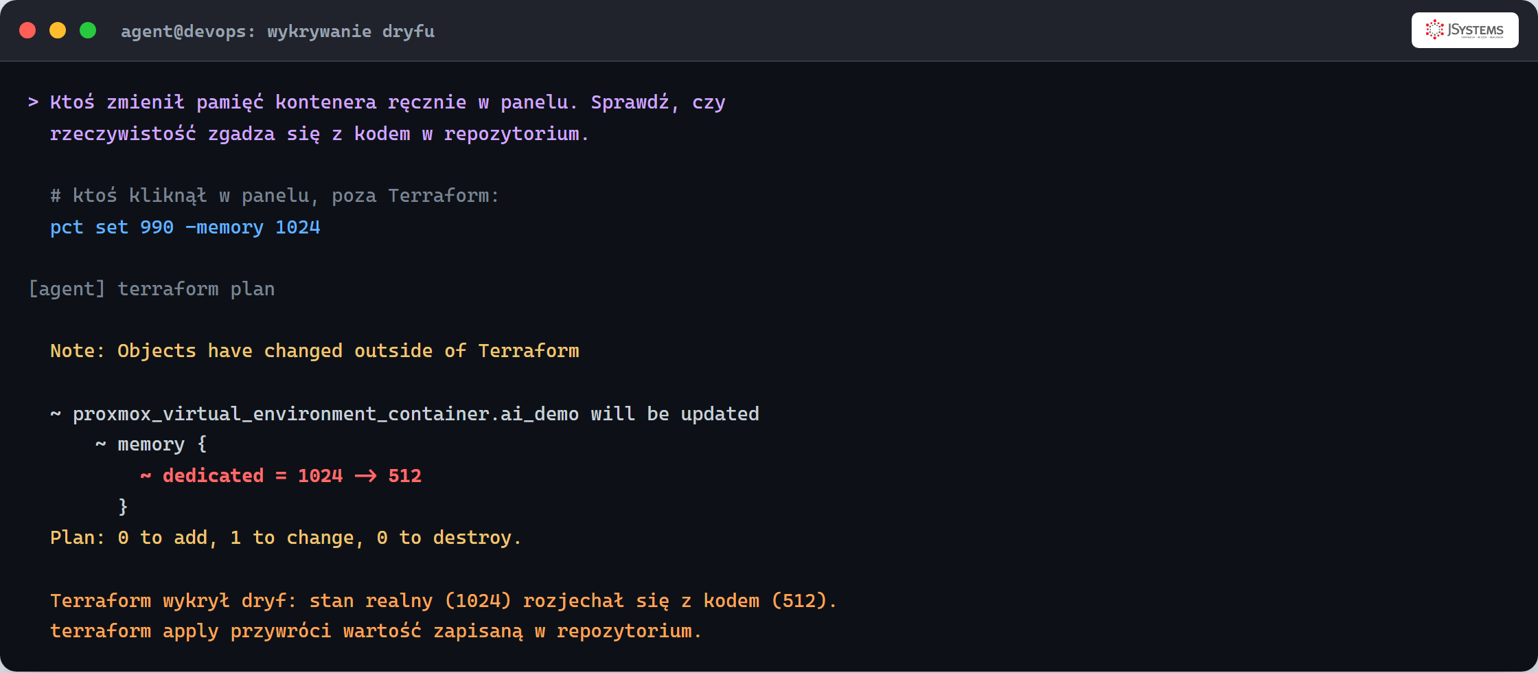 Terminal: po ręcznej zmianie pamięci terraform plan wykrywa różnicę i pokazuje dedicated 1024 na 512 między stanem realnym a kodem