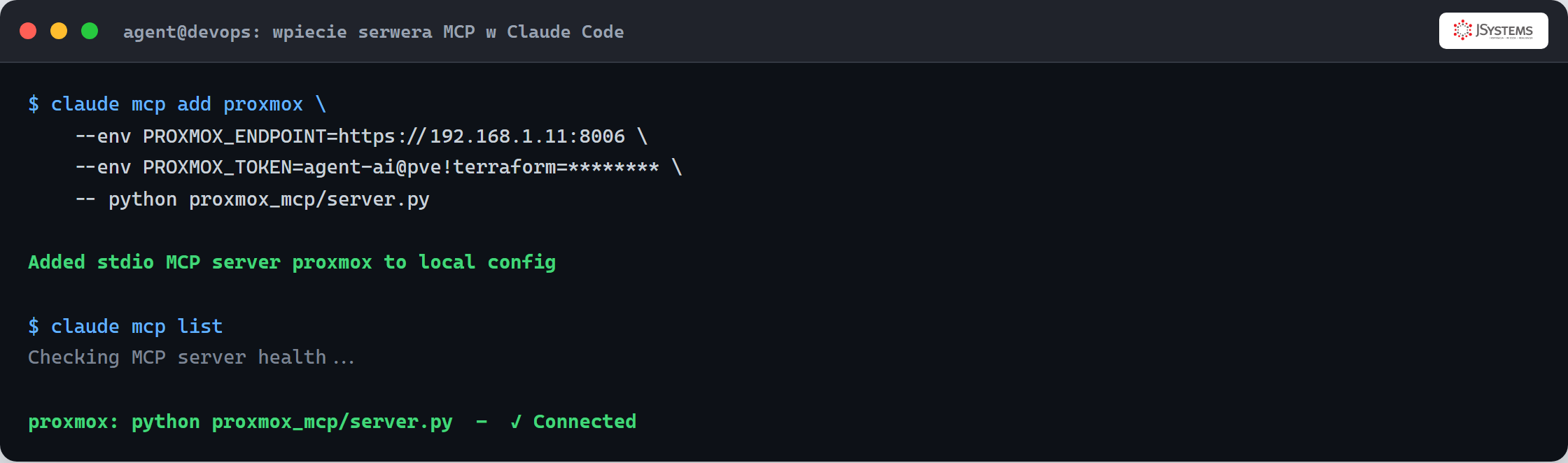 Terminal: komenda claude mcp add rejestruje serwer proxmox, a claude mcp list pokazuje status Connected
