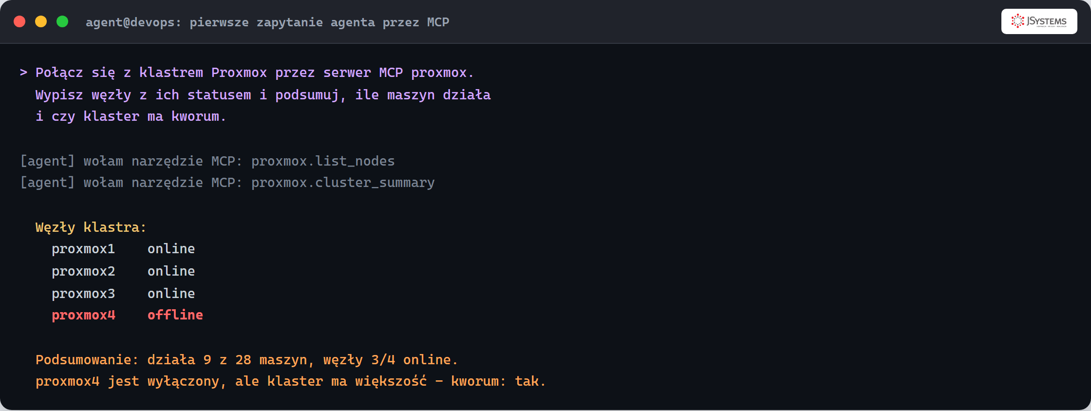 Terminal: agent przez serwer MCP proxmox wywołuje narzędzia i zwraca raport - trzy z czterech węzłów online, proxmox4 wyłączony, dziewięć z dwudziestu ośmiu maszyn działa, klaster ma kworum