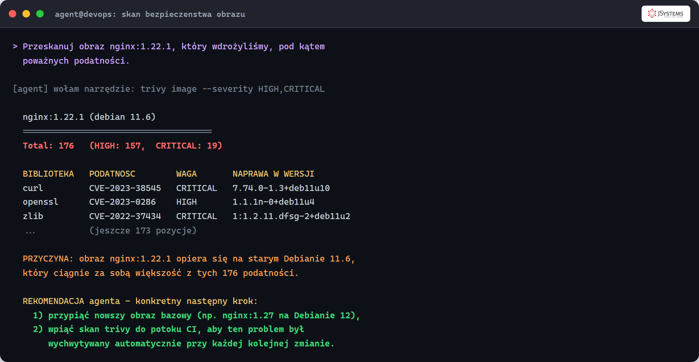 Terminal ze skanem bezpieczeństwa: narzędzie trivy znajduje 176 podatności w obrazie nginx 1.22.1, w tym 19 krytycznych