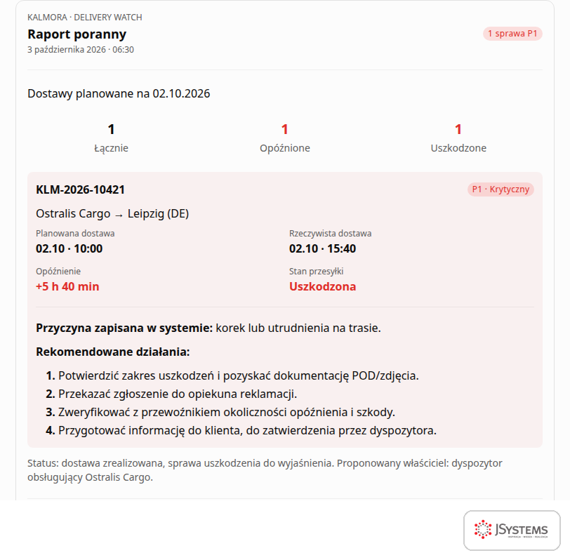 Przykładowy poranny raport agenta AI dla dyspozytorów: przesyłka z krytycznym priorytetem, opóźnienie, uszkodzenie i rekomendowane działania