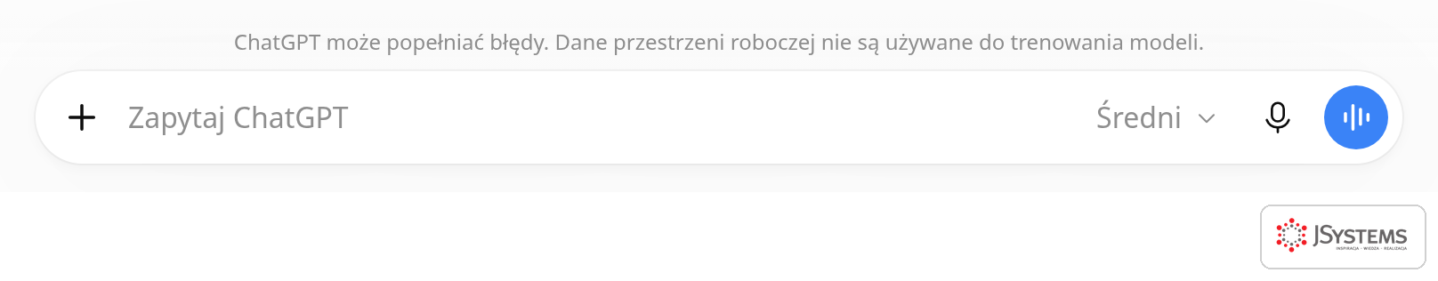 Pole polecenia ChatGPT Business z informacją, że dane przestrzeni roboczej nie są używane do trenowania modeli