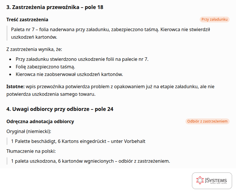 ChatGPT wypisuje osobno zastrzeżenie przewoźnika z pola 18 i uwagę odbiorcy z pola 24 listu CMR wraz z tłumaczeniem na polski