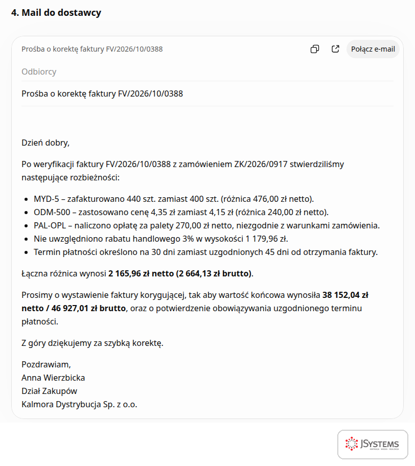 Mail do dostawcy z prośbą o korektę faktury napisany przez ChatGPT na podstawie porównania zamówienia z fakturą