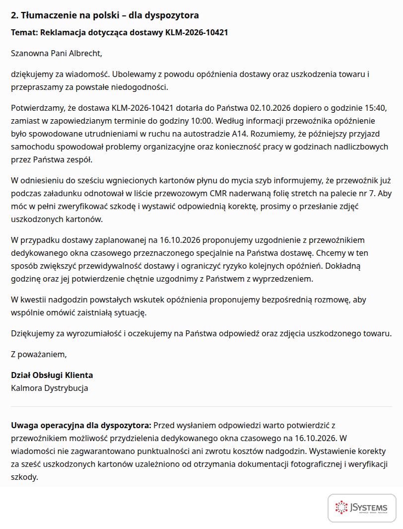 Tłumaczenie odpowiedzi na reklamację na polski i uwaga operacyjna dla dyspozytora przygotowane przez ChatGPT