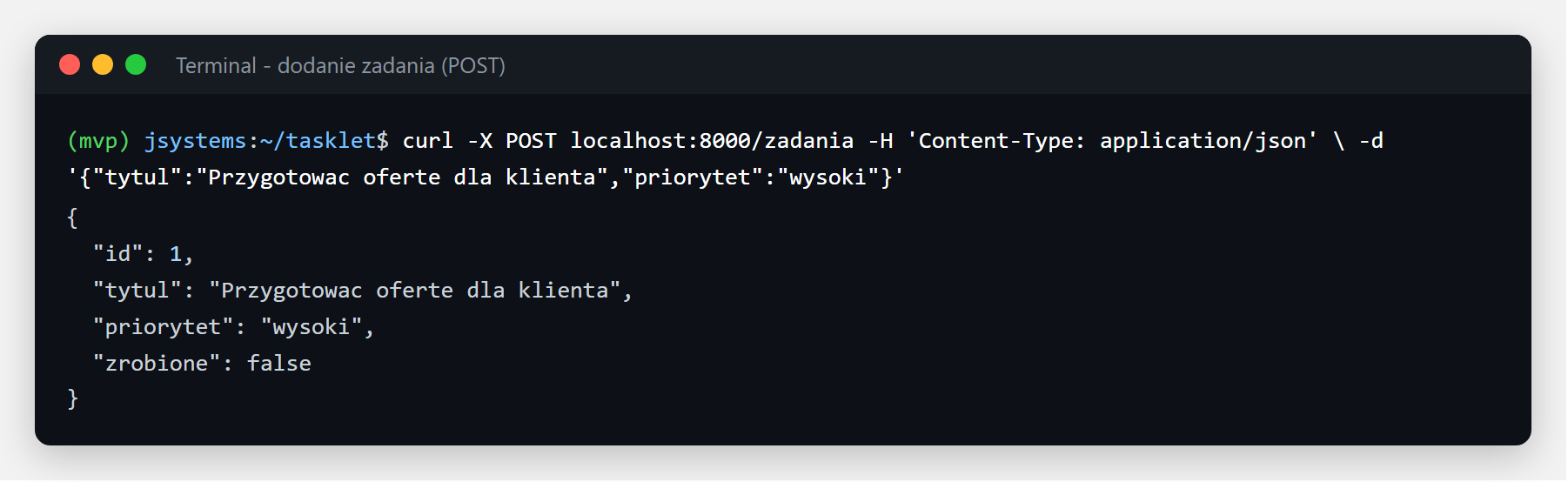 Dodanie zadania. API zwraca utworzony obiekt z nadanym identyfikatorem.