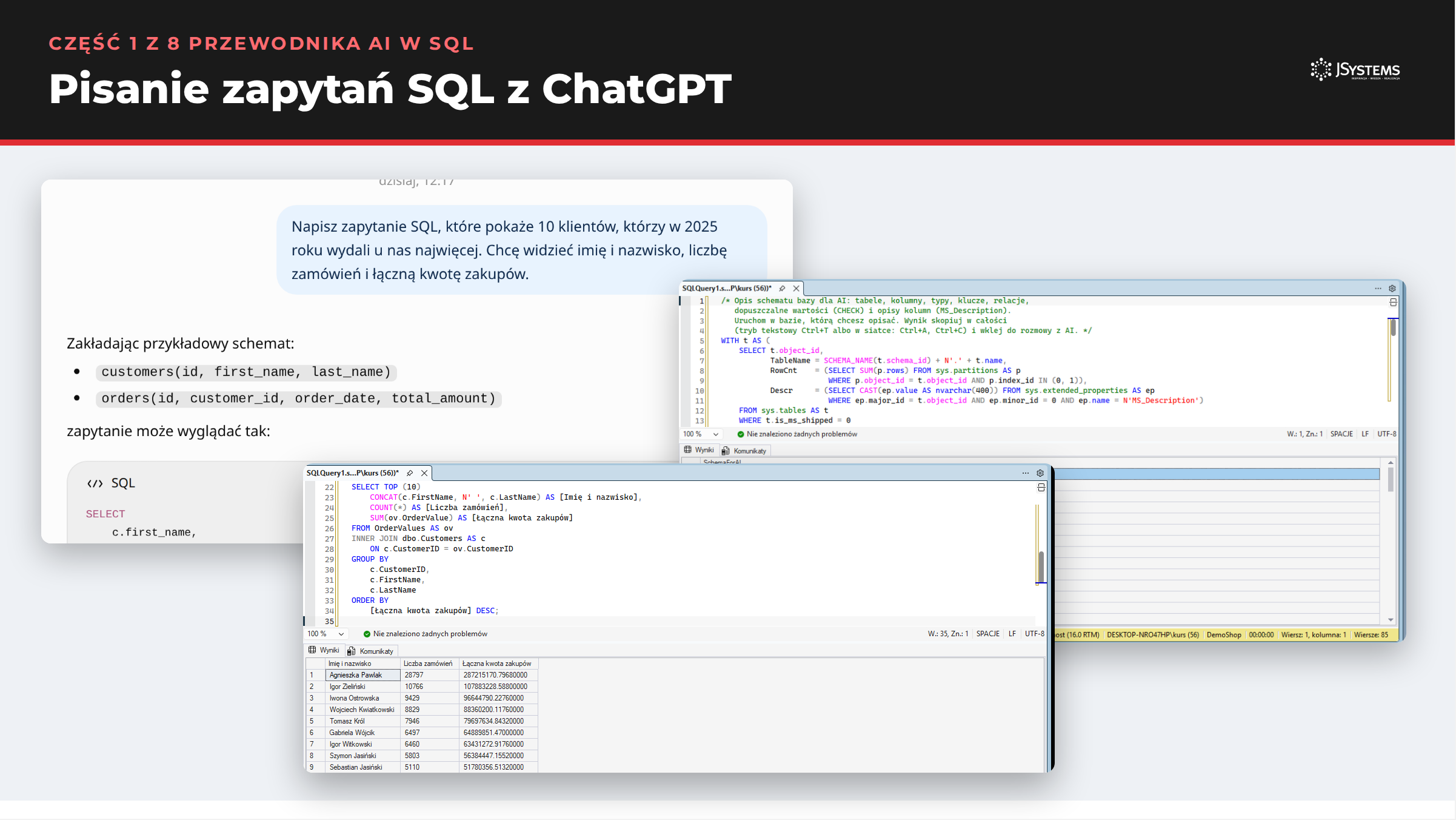 Pisanie zapytań SQL z ChatGPT: zrzuty z ChatGPT i SQL Server Management Studio z części 1 przewodnika AI w SQL