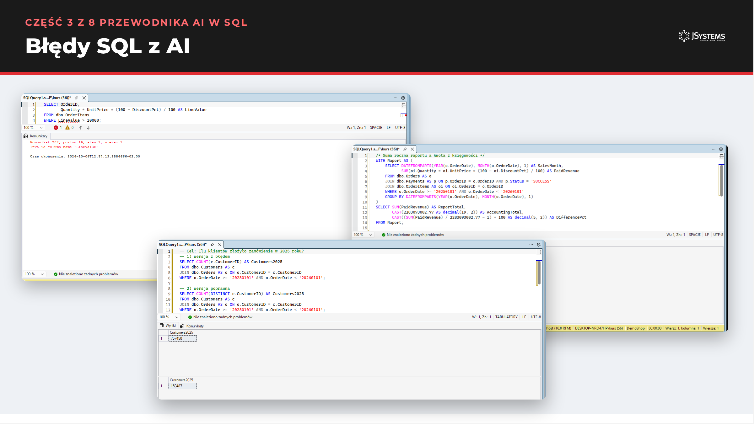 Błędy SQL z AI: zrzuty z ChatGPT i SQL Server Management Studio z części 3 przewodnika AI w SQL