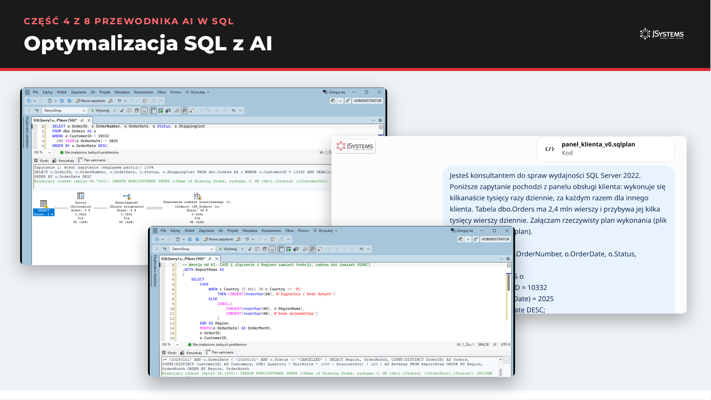 Optymalizacja SQL z AI: zrzuty z ChatGPT i SQL Server Management Studio z części 4 przewodnika AI w SQL