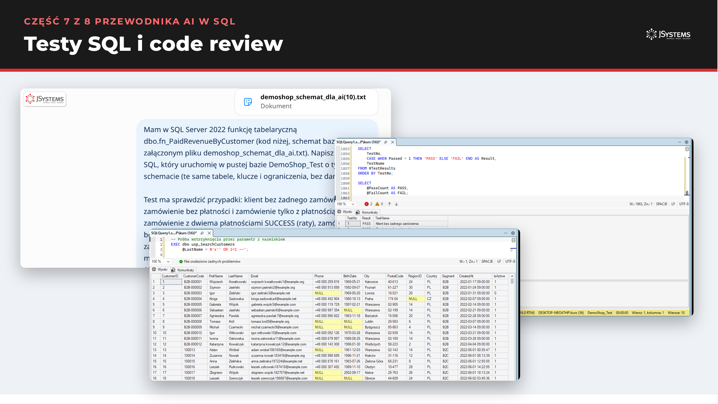 Testy SQL i code review: zrzuty z ChatGPT i SQL Server Management Studio z części 7 przewodnika AI w SQL