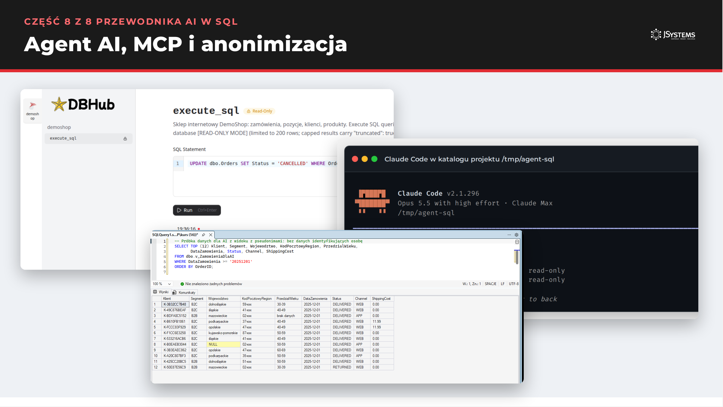 Agent AI, MCP i anonimizacja: zrzuty z ChatGPT i SQL Server Management Studio z części 8 przewodnika AI w SQL