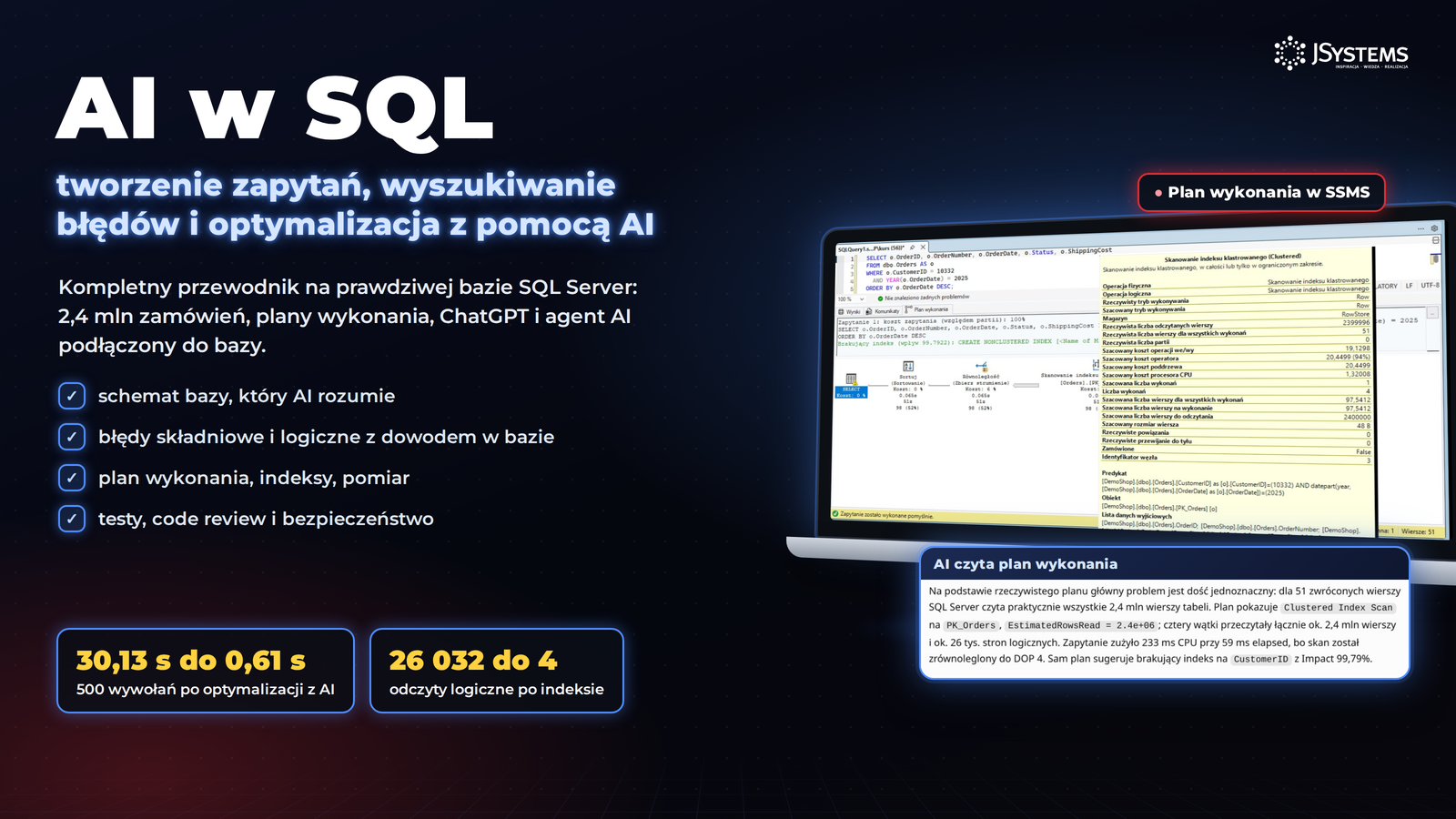 AI w SQL w praktyce: plan wykonania zapytania w SQL Server Management Studio przed i po optymalizacji przeprowadzonej z pomocą ChatGPT