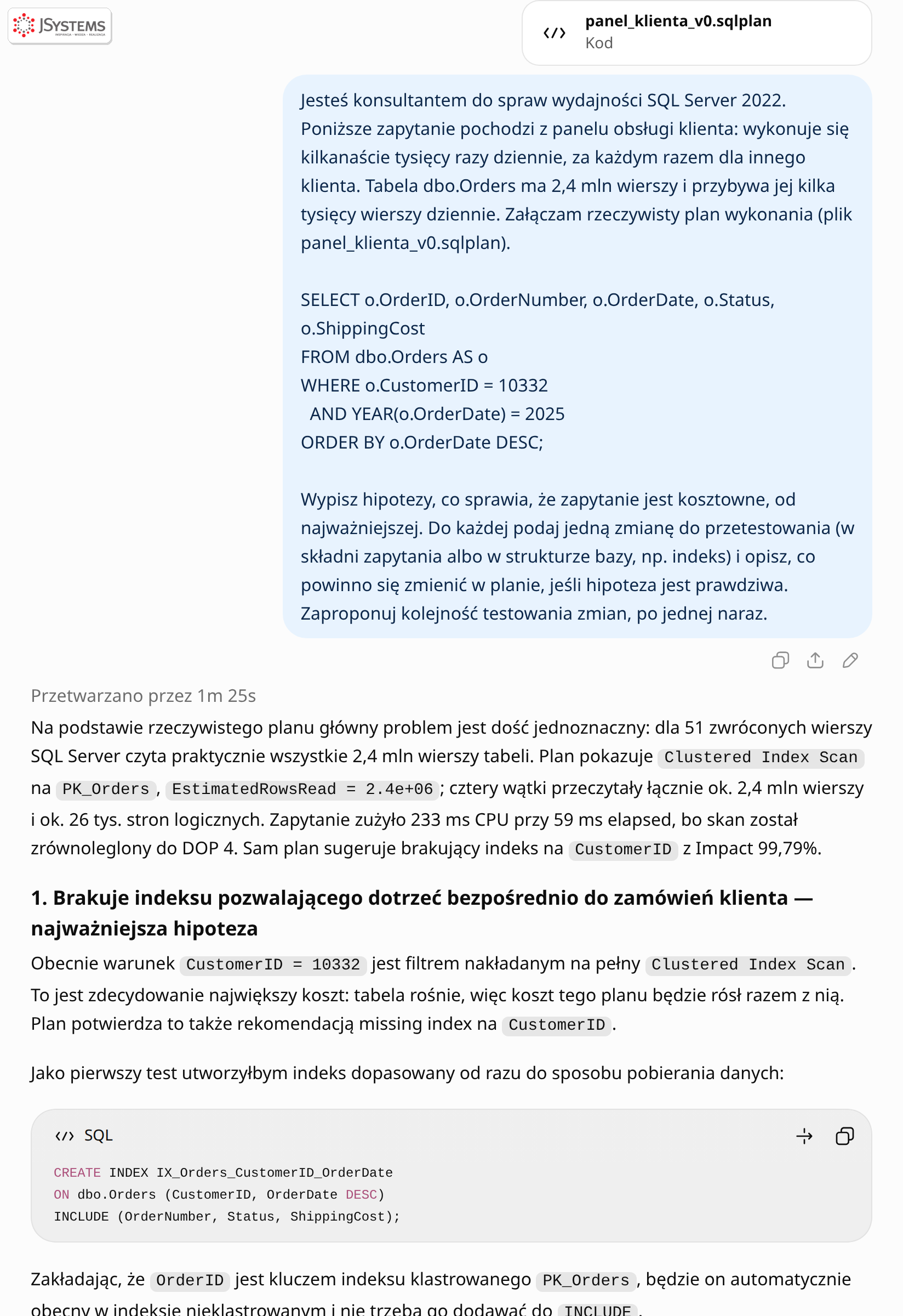 ChatGPT analizuje plik sqlplan: pełny skan 2,4 mln wierszy dla 51 wyników, hipoteza brakującego indeksu, niesargowalny YEAR, zbędny Sort i przydział pamięci