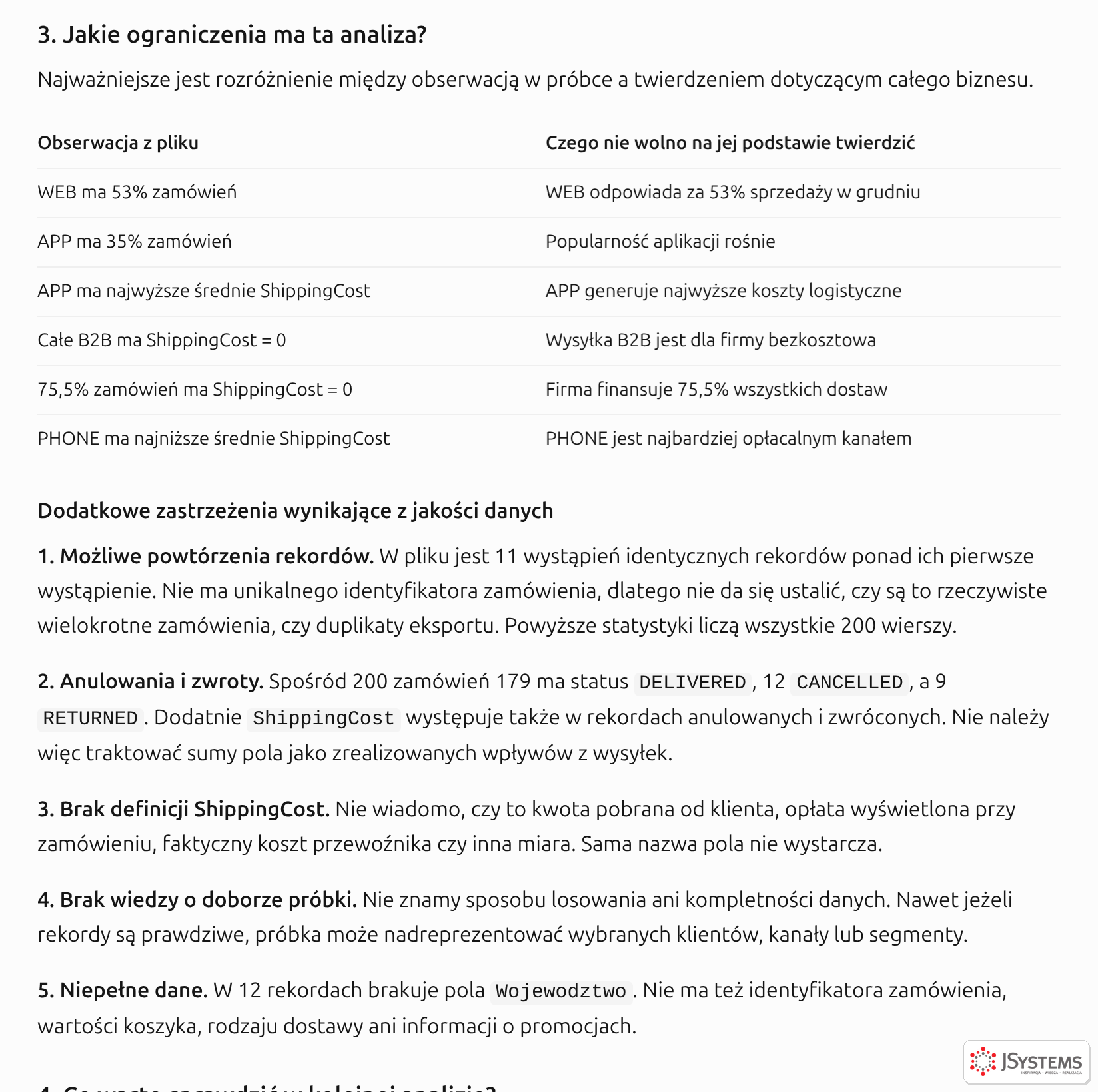 ChatGPT zestawia obserwacje z próbki z twierdzeniami, których na ich podstawie nie wolno wysuwać, i wskazuje 11 powtórzonych rekordów oraz brak definicji kosztu wysyłki