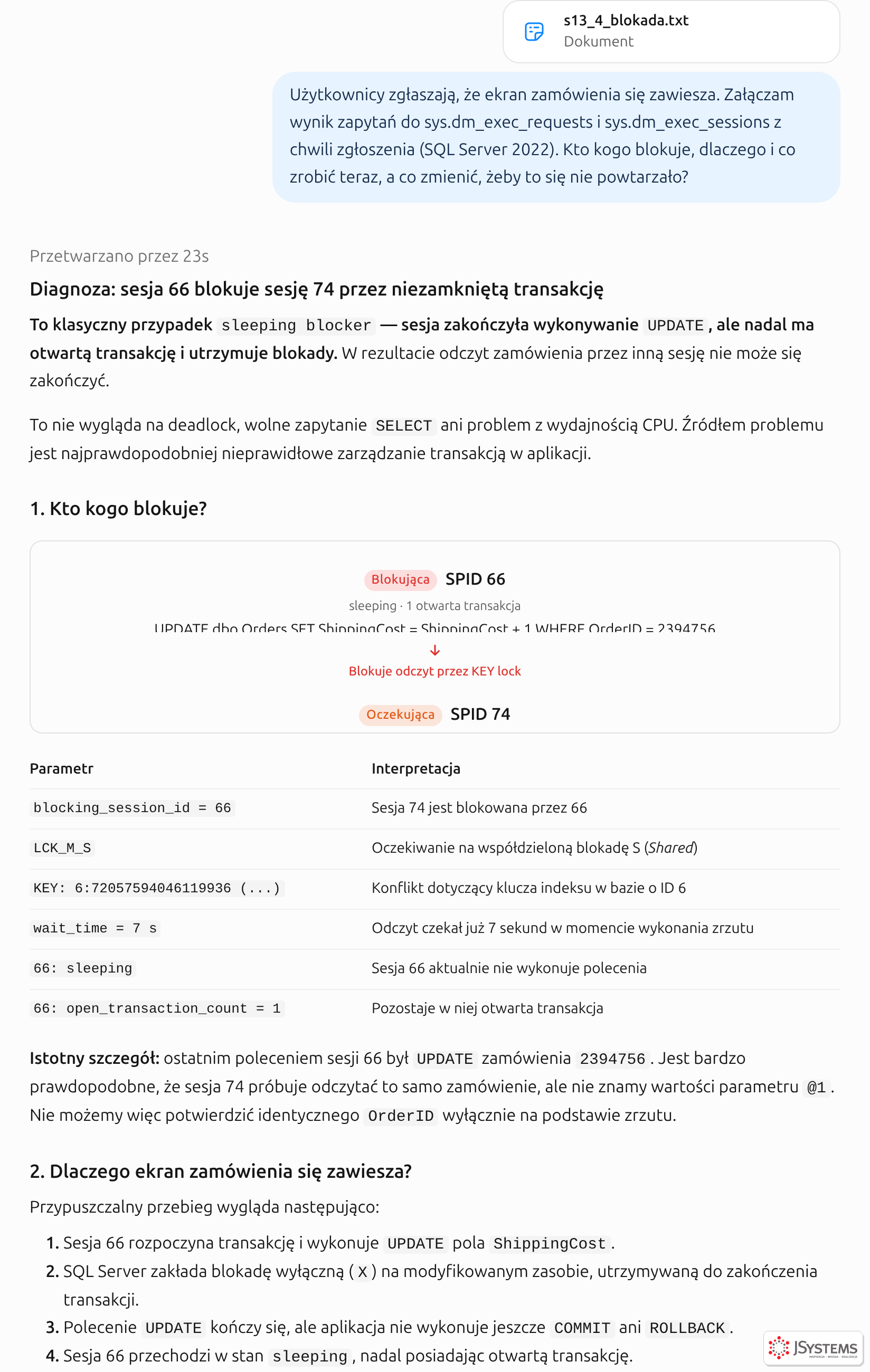 ChatGPT diagnozuje blokadę: sesja w stanie sleeping z otwartą transakcją blokuje odczyt, przebieg krok po kroku i zalecenia dla aplikacji
