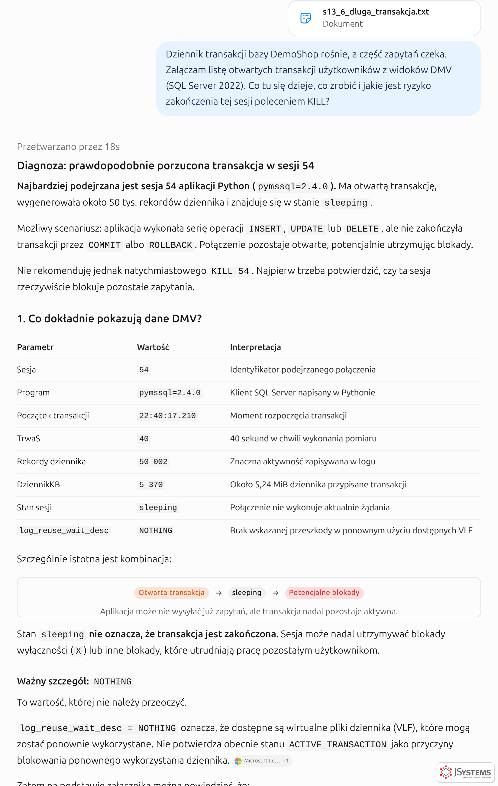 ChatGPT ocenia porzuconą transakcję, odradza natychmiastowe KILL i wyjaśnia, że stan dziennika NOTHING nie potwierdza blokowania jego ponownego użycia