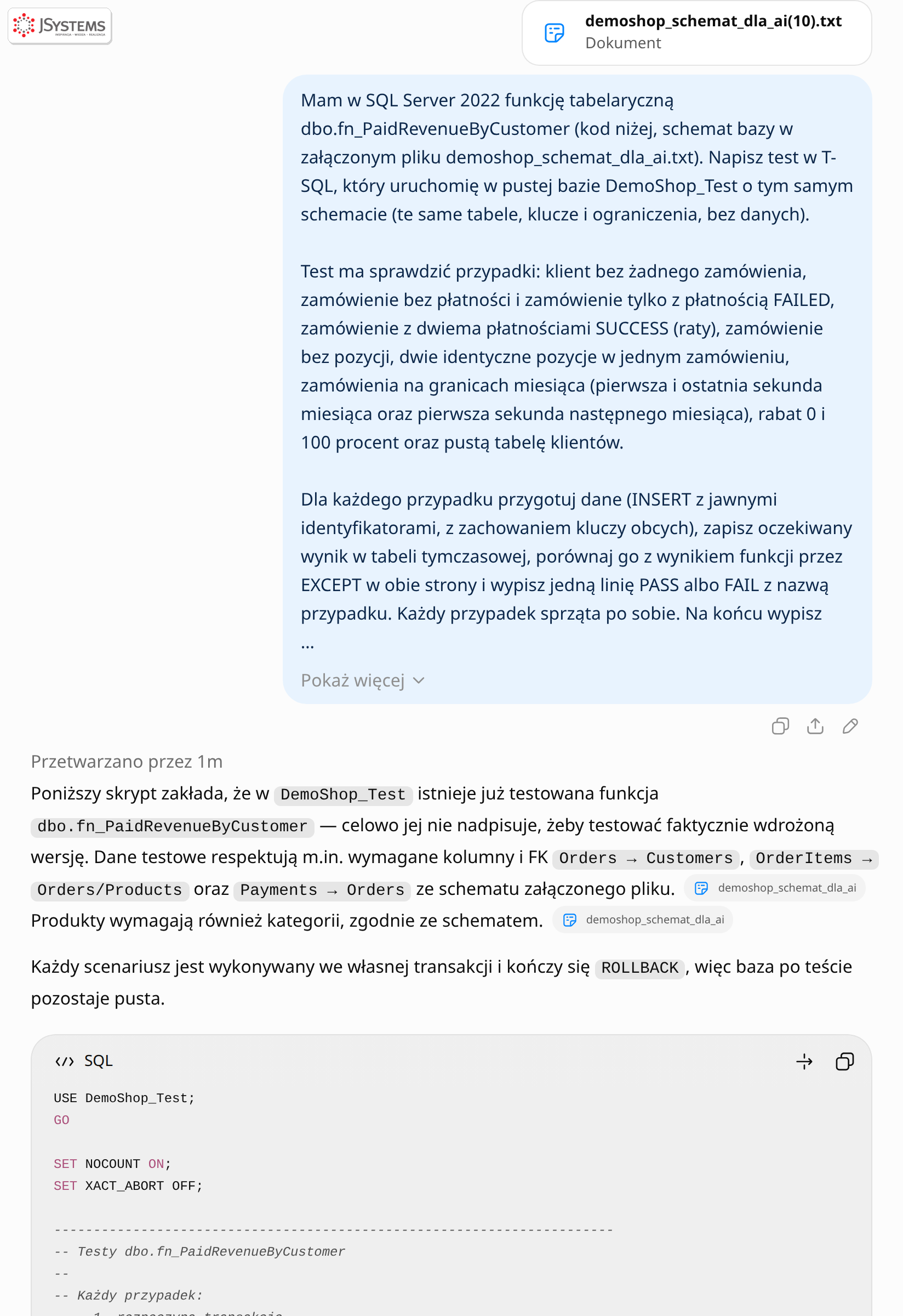 ChatGPT generuje skrypt testów T-SQL dla funkcji fn_PaidRevenueByCustomer: każdy przypadek we własnej transakcji z ROLLBACK, tabele #Expected i #TestResults