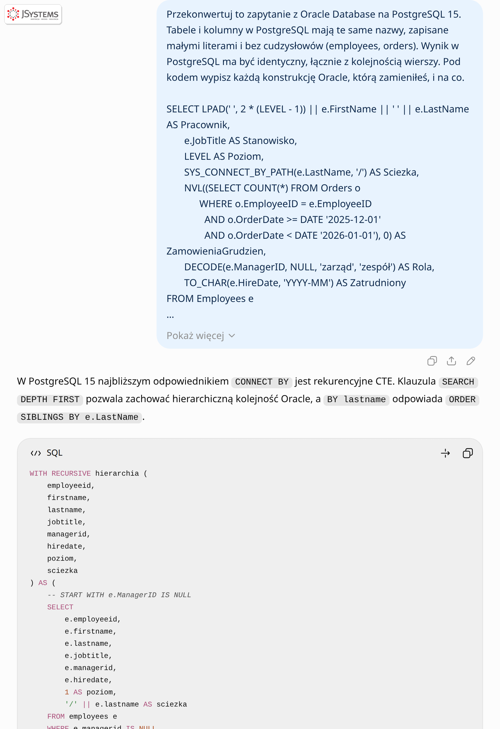 ChatGPT zamienia hierarchiczne zapytanie Oracle z CONNECT BY na rekurencyjne CTE w PostgreSQL z klauzulą SEARCH DEPTH FIRST BY