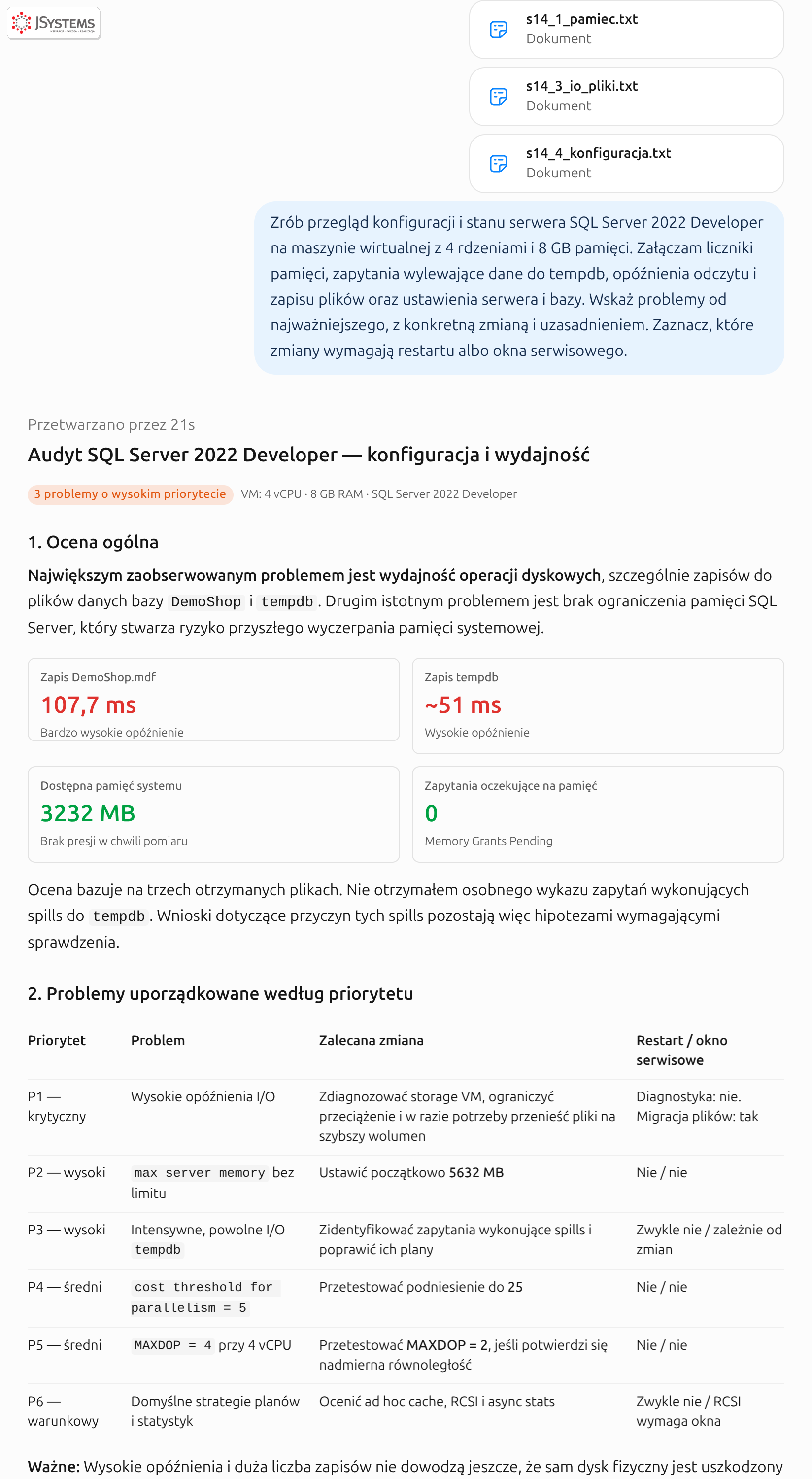 ChatGPT robi przegląd serwera SQL Server: na pierwszym miejscu opóźnienia zapisu 107 ms, potem max server memory bez limitu z propozycją 5632 MB, próg równoległości i MAXDOP