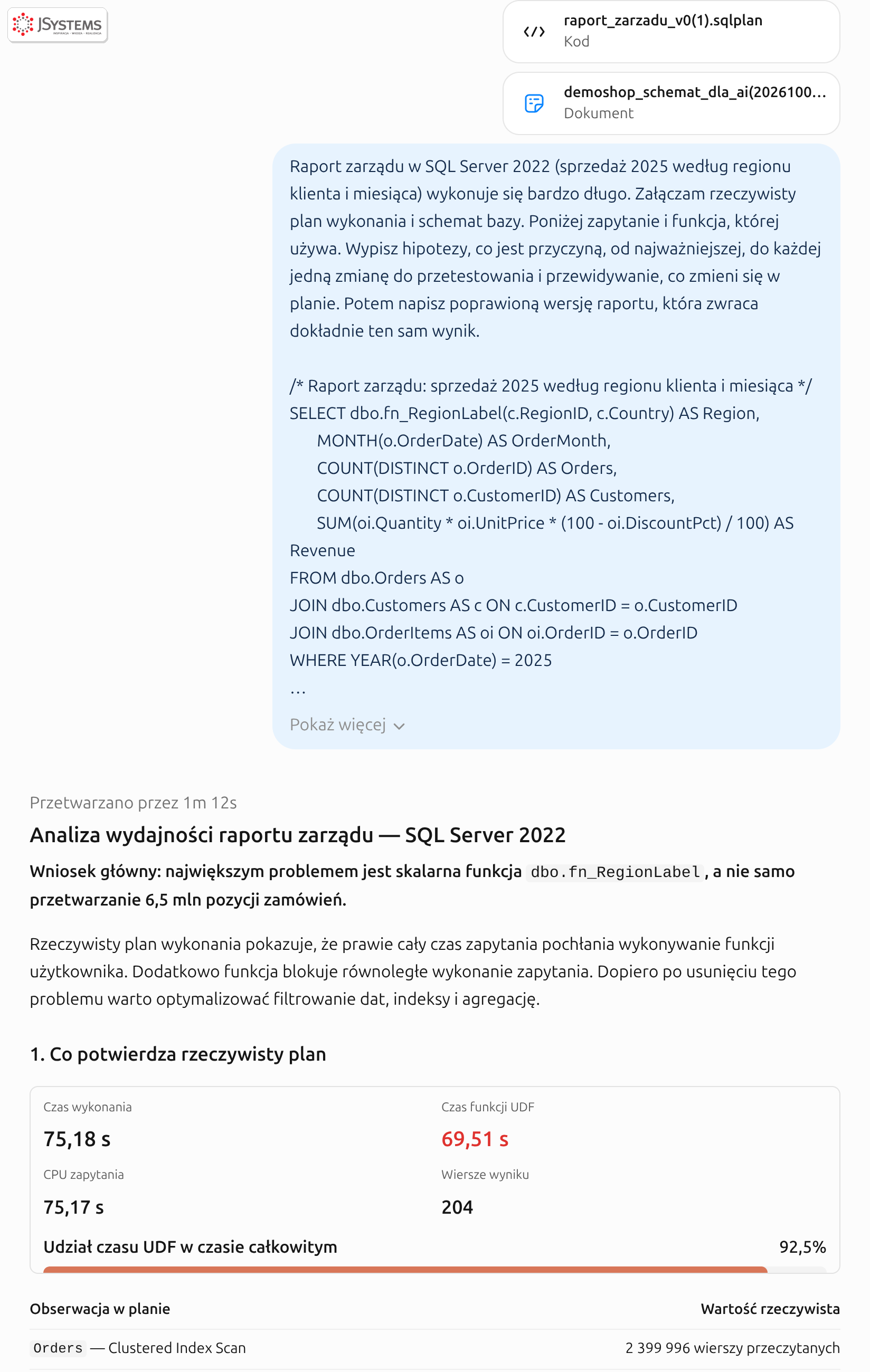 ChatGPT czyta plan raportu zarządu: 75,18 s czasu wykonania, z czego 69,51 s zajmuje funkcja skalarna, plan szeregowy z powodu TSQLUserDefinedFunctionsNotParallelizable