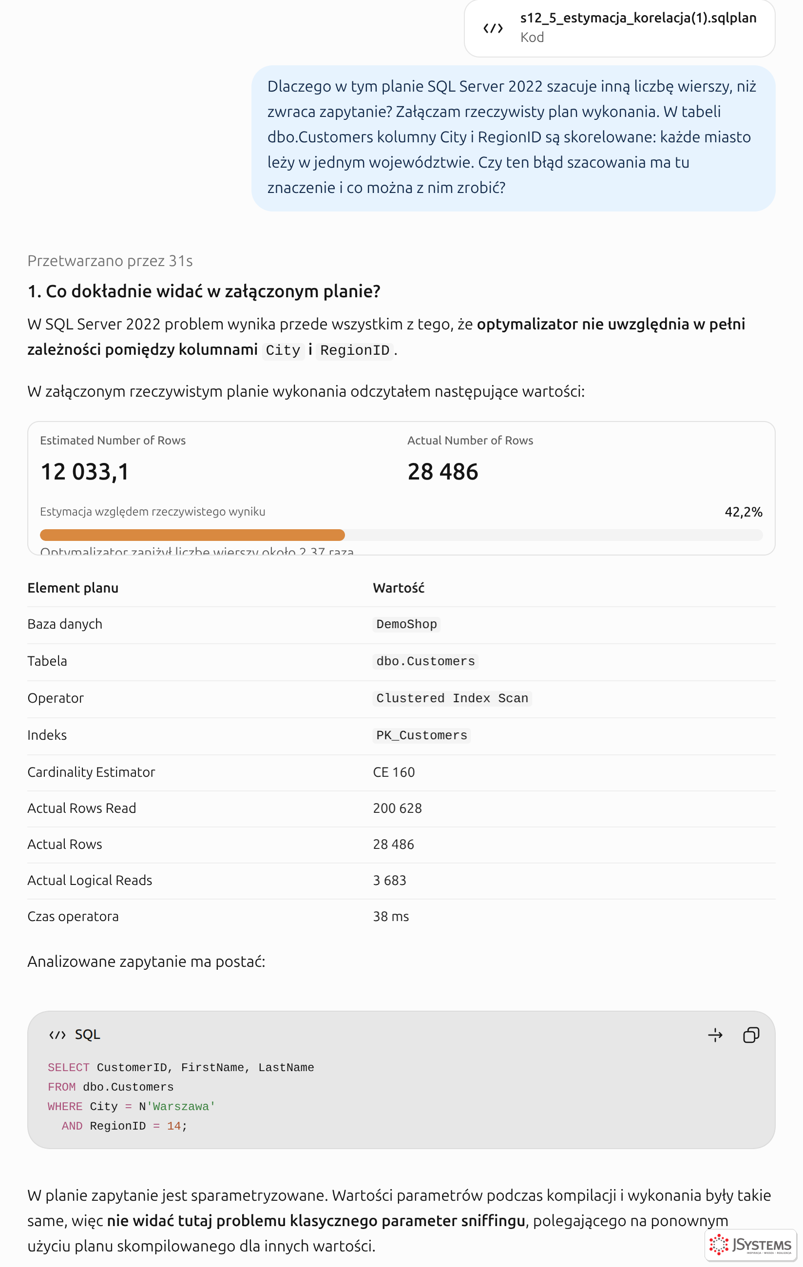 ChatGPT wyjaśnia zaniżony szacunek przy skorelowanych kolumnach City i RegionID i ocenia, że w tym planie błąd nie jest groźny