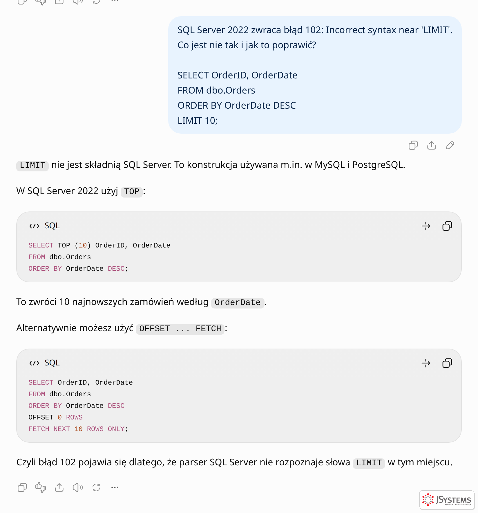 ChatGPT zamienia LIMIT 10 na TOP (10) i pokazuje alternatywę OFFSET FETCH w SQL Server