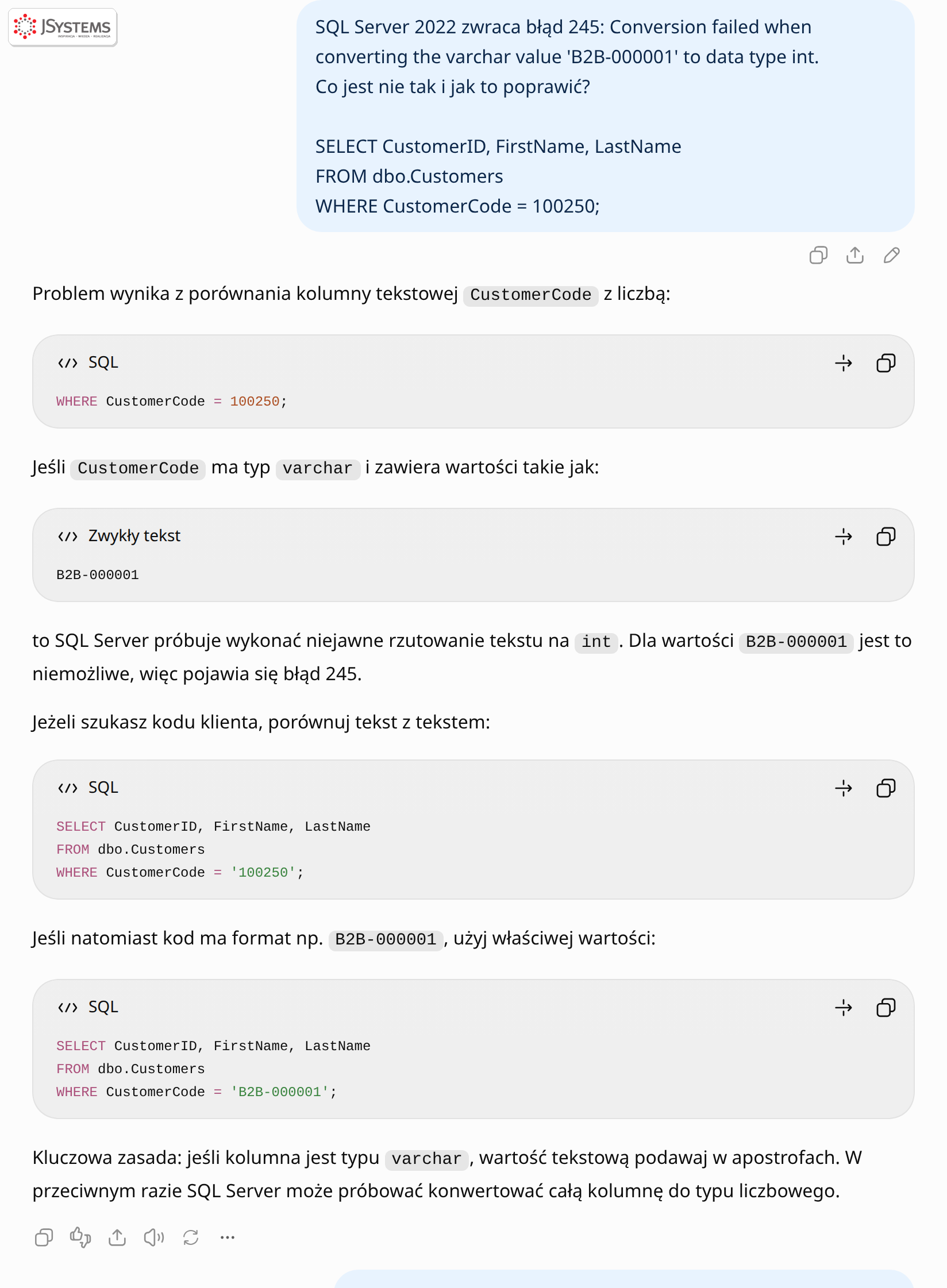 ChatGPT wyjaśnia, że kolumnę tekstową trzeba porównywać z wartością w apostrofach, i podaje poprawione zapytania dla kodu liczbowego i kodu B2B